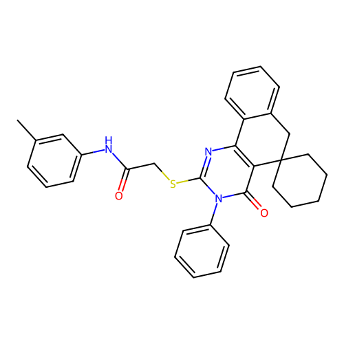 2-((4-oxo-3-phenyl-4,6-dihydro-3H-spiro[benzo[h]quinazoline-5,1'-cyclohexan]-2-yl)thio)-N-(m-tolyl)acetamide structure