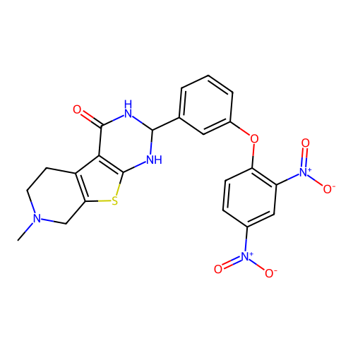 2-(3-(2,4-dinitrophenoxy)phenyl)-7-methyl-2,3,5,6,7,8-hexahydropyrido[4',3':4,5]thieno[2,3-d]pyrimidin-4(1H)-one structure