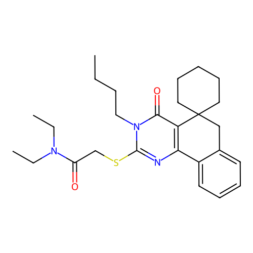 2-((3-butyl-4-oxo-4,6-dihydro-3H-spiro[benzo[h]quinazoline-5,1'-cyclohexan]-2-yl)thio)-N,N-diethylacetamide structure