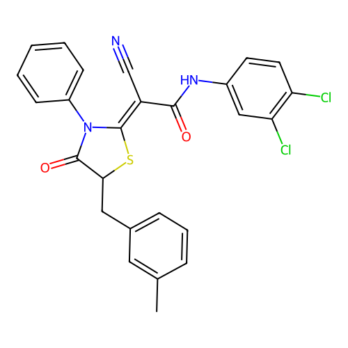 (2Z)-2-cyano-N-(3,4-dichlorophenyl)-2-[5-(3-methylbenzyl)-4-oxo-3-phenyl-1,3-thiazolidin-2-ylidene]ethanamide structure