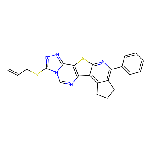 10-phenyl-3-(prop-2-en-1-ylsulfanyl)-8,9-dihydro-7H-cyclopenta[4',5']pyrido[3',2':4,5]thieno[2,3-e][1,2,4]triazolo[4,3-c]pyrimidine structure