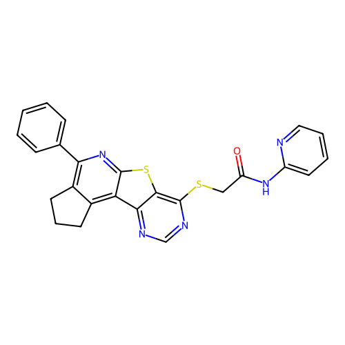 2-((4-phenyl-2,3-dihydro-1H-cyclopenta[4',5']pyrido[3',2':4,5]thieno[3,2-d]pyrimidin-7-yl)thio)-N-(pyridin-2-yl)acetamide structure