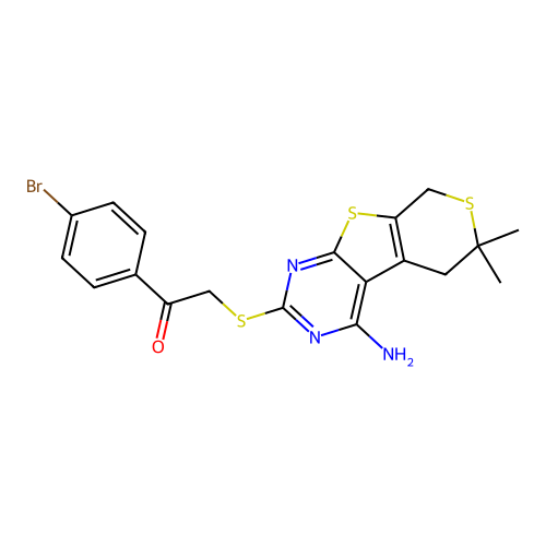 2-((4-amino-6,6-dimethyl-6,8-dihydro-5H-thiopyrano[4',3':4,5]thieno[2,3-d]pyrimidin-2-yl)thio)-1-(4-bromophenyl)ethanone structure