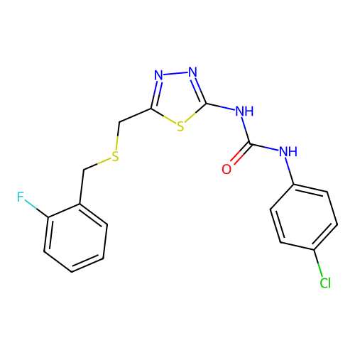 1-(4-chlorophenyl)-3-(5-(((2-fluorobenzyl)thio)methyl)-1,3,4-thiadiazol-2-yl)urea structure