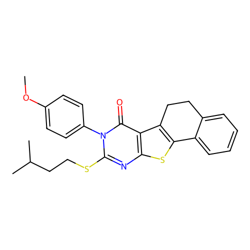 8-(4-methoxyphenyl)-9-[(3-methylbutyl)sulfanyl]-5,8-dihydronaphtho[2',1':4,5]thieno[2,3-d]pyrimidin-7(6H)-one structure