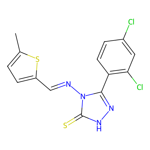 (E)-5-(2,4-dichlorophenyl)-4-(((5-methylthiophen-2-yl)methylene)amino)-4H-1,2,4-triazole-3-thiol structure