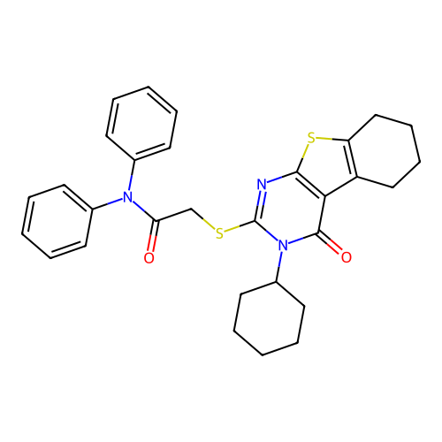 2-((3-cyclohexyl-4-oxo-3,4,5,6,7,8-hexahydrobenzo[4,5]thieno[2,3-d]pyrimidin-2-yl)thio)-N,N-diphenylacetamide structure