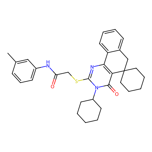 2-((3-cyclohexyl-4-oxo-4,6-dihydro-3H-spiro[benzo[h]quinazoline-5,1'-cyclohexan]-2-yl)thio)-N-(m-tolyl)acetamide structure