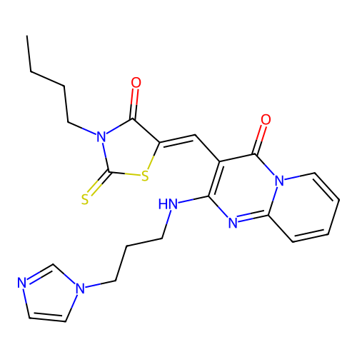 3-[(Z)-(3-butyl-4-oxo-2-thioxo-1,3-thiazolidin-5-ylidene)methyl]-2-{[3-(1H-imidazol-1-yl)propyl]amino}-4H-pyrido[1,2-a]pyrimidin-4-one structure