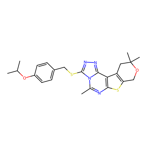 3-((4-isopropoxybenzyl)thio)-5,10,10-trimethyl-10,11-dihydro-8H-pyrano[4',3':4,5]thieno[3,2-e][1,2,4]triazolo[4,3-c]pyrimidine structure