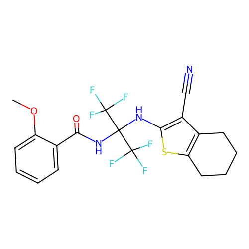 N-(2-((3-cyano-4,5,6,7-tetrahydrobenzo[b]thiophen-2-yl)amino)-1,1,1,3,3,3-hexafluoropropan-2-yl)-2-methoxybenzamide structure