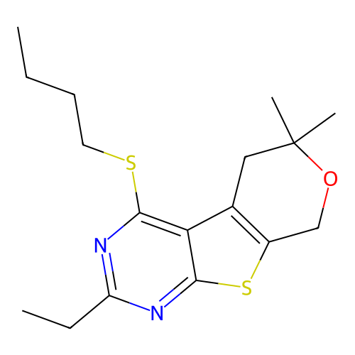 4-(butylsulfanyl)-2-ethyl-6,6-dimethyl-5,8-dihydro-6H-pyrano[4',3':4,5]thieno[2,3-d]pyrimidine structure
