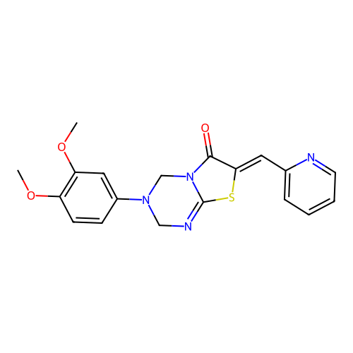 (7Z)-3-(3,4-dimethoxyphenyl)-7-(pyridin-2-ylmethylidene)-2,4-dihydro-[1,3]thiazolo[3,2-a][1,3,5]triazin-6-one structure