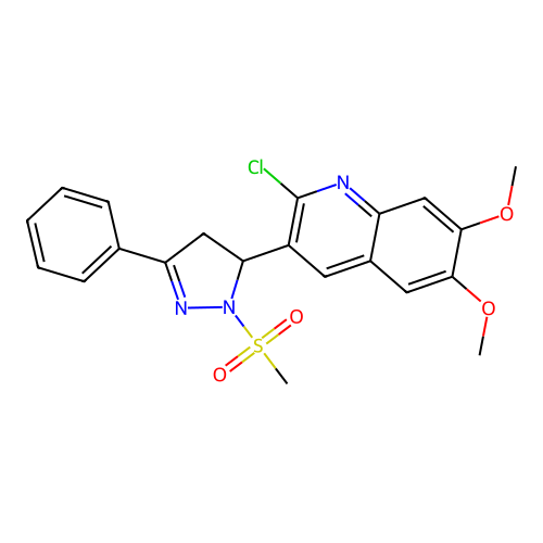 2-chloro-6,7-dimethoxy-3-(2-methylsulfonyl-5-phenyl-3,4-dihydropyrazol-3-yl)quinoline structure