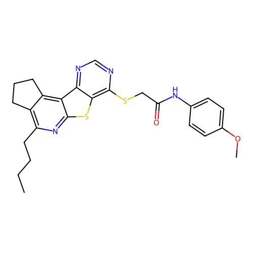 2-((4-butyl-2,3-dihydro-1H-cyclopenta[4',5']pyrido[3',2':4,5]thieno[3,2-d]pyrimidin-7-yl)thio)-N-(4-methoxyphenyl)acetamide structure