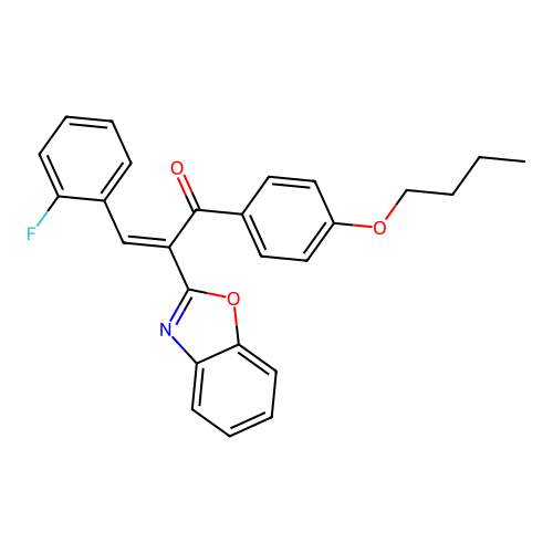 (2Z)-2-benzoxazol-2-yl-1-(4-butoxyphenyl)-3-(2-fluorophenyl)prop-2-en-1-one structure