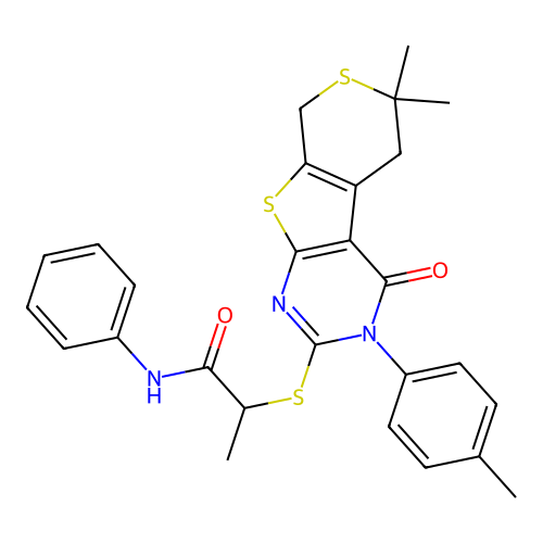 2-((6,6-dimethyl-4-oxo-3-(p-tolyl)-4,5,6,8-tetrahydro-3H-thiopyrano[4',3':4,5]thieno[2,3-d]pyrimidin-2-yl)thio)-N-phenylpropanamide structure