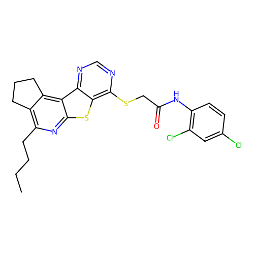 2-((4-butyl-2,3-dihydro-1H-cyclopenta[4',5']pyrido[3',2':4,5]thieno[3,2-d]pyrimidin-7-yl)thio)-N-(2,4-dichlorophenyl)acetamide structure