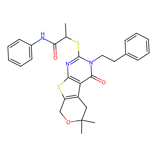 2-((6,6-dimethyl-4-oxo-3-phenethyl-4,5,6,8-tetrahydro-3H-pyrano[4',3':4,5]thieno[2,3-d]pyrimidin-2-yl)thio)-N-phenylpropanamide structure