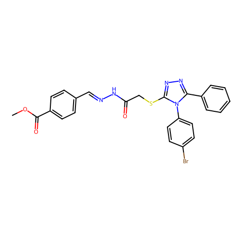 methyl 4-{(E)-[2-({[4-(4-bromophenyl)-5-phenyl-4H-1,2,4-triazol-3-yl]sulfanyl}acetyl)hydrazinylidene]methyl}benzoate structure