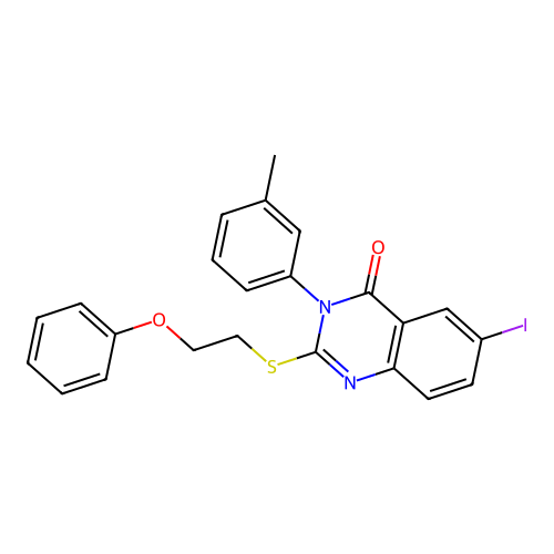 6-iodo-3-(3-methylphenyl)-2-[(2-phenoxyethyl)sulfanyl]quinazolin-4(3H)-one structure