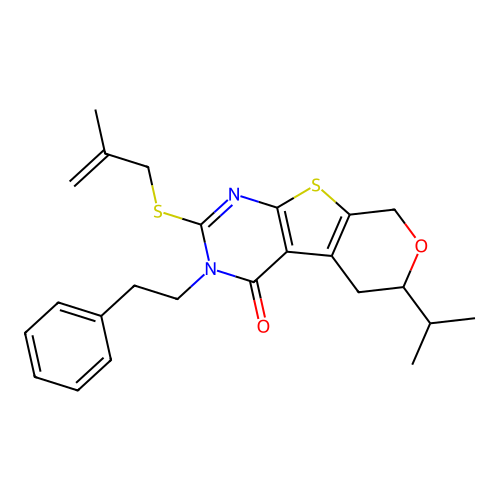 2-[(2-methylprop-2-en-1-yl)sulfanyl]-3-(2-phenylethyl)-6-(propan-2-yl)-3,5,6,8-tetrahydro-4H-pyrano[4',3':4,5]thieno[2,3-d]pyrimidin-4-one structure