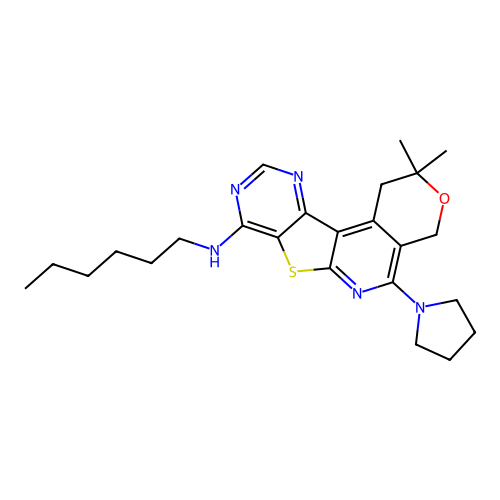 N-hexyl-2,2-dimethyl-5-(pyrrolidin-1-yl)-1,4-dihydro-2H-pyrano[4'',3'':4',5']pyrido[3',2':4,5]thieno[3,2-d]pyrimidin-8-amine structure