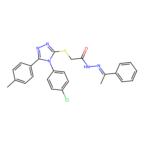 (E)-2-((4-(4-chlorophenyl)-5-(p-tolyl)-4H-1,2,4-triazol-3-yl)thio)-N'-(1-phenylethylidene)acetohydrazide structure