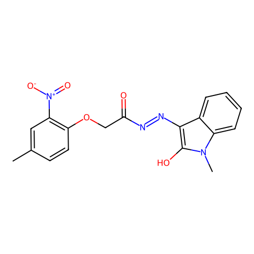 2-(4-methyl-2-nitrophenoxy)-N'-[(3E)-1-methyl-2-oxo-1,2-dihydro-3H-indol-3-ylidene]acetohydrazide structure