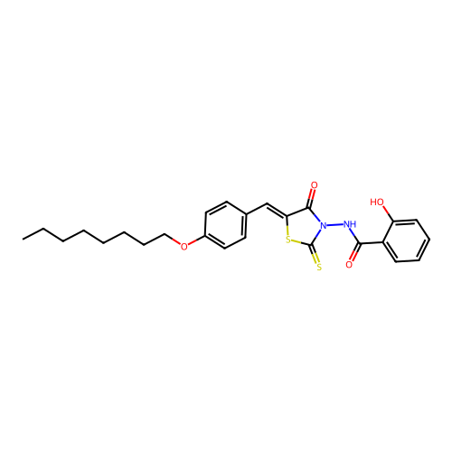 2-hydroxy-N-{(5Z)-5-[4-(octyloxy)benzylidene]-4-oxo-2-thioxo-1,3-thiazolidin-3-yl}benzamide structure