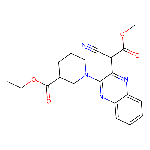 ethyl 1-[3-(1-cyano-2-methoxy-2-oxoethyl)quinoxalin-2-yl]piperidine-3-carboxylate structure