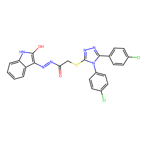 2-[[4,5-bis(4-chlorophenyl)-1,2,4-triazol-3-yl]sulfanyl]-N'-(2-oxoindol-3-yl)acetohydrazide structure