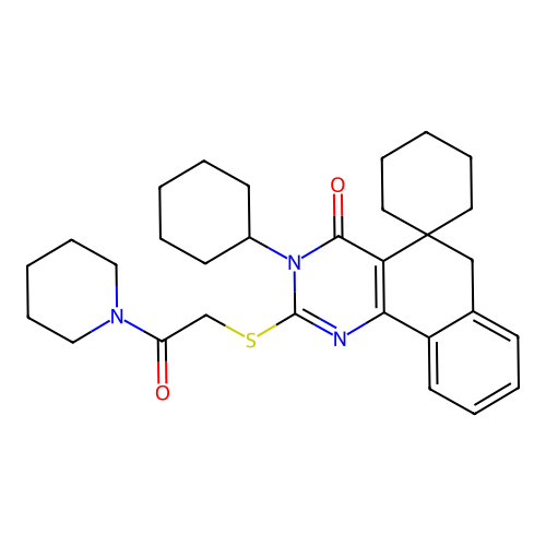 3-cyclohexyl-2-((2-oxo-2-(piperidin-1-yl)ethyl)thio)-3H-spiro[benzo[h]quinazoline-5,1'-cyclohexan]-4(6H)-one structure