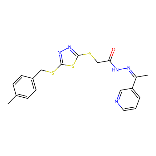 (Z)-2-((5-((4-methylbenzyl)thio)-1,3,4-thiadiazol-2-yl)thio)-N'-(1-(pyridin-3-yl)ethylidene)acetohydrazide structure