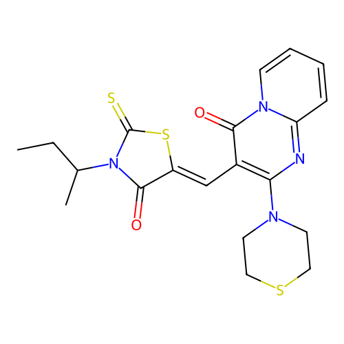 3-{(Z)-[3-(butan-2-yl)-4-oxo-2-thioxo-1,3-thiazolidin-5-ylidene]methyl}-2-(thiomorpholin-4-yl)-4H-pyrido[1,2-a]pyrimidin-4-one structure