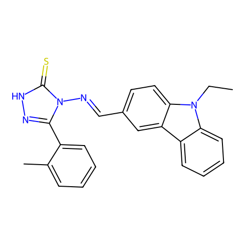 4-[(E)-(9-ethylcarbazol-3-yl)methylideneamino]-3-(2-methylphenyl)-1H-1,2,4-triazole-5-thione structure