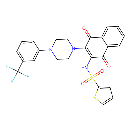 N-[1,4-dioxo-3-[4-[3-(trifluoromethyl)phenyl]piperazin-1-yl]naphthalen-2-yl]thiophene-2-sulfonamide structure