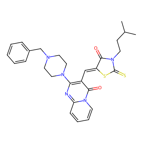 2-(4-benzylpiperazin-1-yl)-3-{(Z)-[3-(3-methylbutyl)-4-oxo-2-thioxo-1,3-thiazolidin-5-ylidene]methyl}-4H-pyrido[1,2-a]pyrimidin-4-one structure