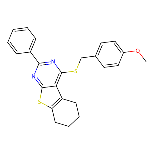 4-((4-methoxybenzyl)thio)-2-phenyl-5,6,7,8-tetrahydrobenzo[4,5]thieno[2,3-d]pyrimidine structure