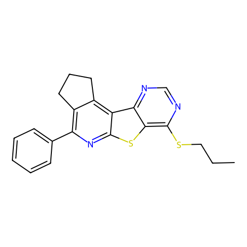 4-phenyl-7-(propylsulfanyl)-2,3-dihydro-1H-cyclopenta[4',5']pyrido[3',2':4,5]thieno[3,2-d]pyrimidine structure