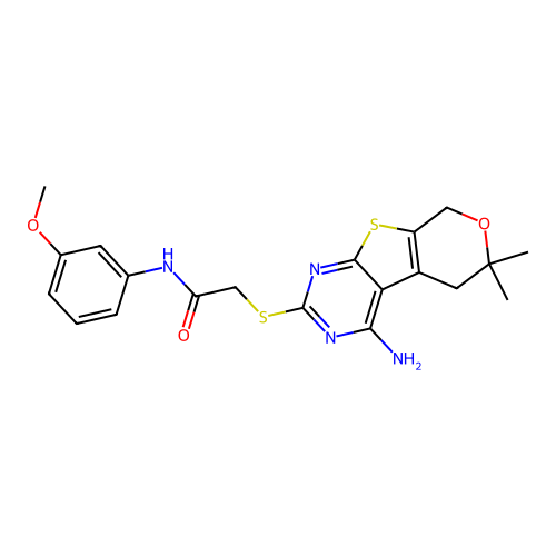 2-((4-amino-6,6-dimethyl-6,8-dihydro-5H-pyrano[4',3':4,5]thieno[2,3-d]pyrimidin-2-yl)thio)-N-(3-methoxyphenyl)acetamide structure