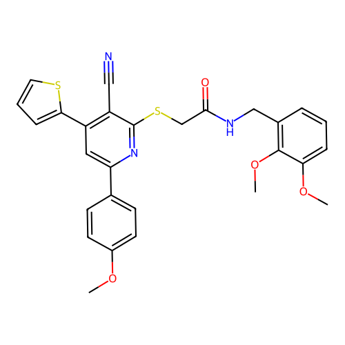2-((3-cyano-6-(4-methoxyphenyl)-4-(thiophen-2-yl)pyridin-2-yl)thio)-N-(2,3-dimethoxybenzyl)acetamide structure