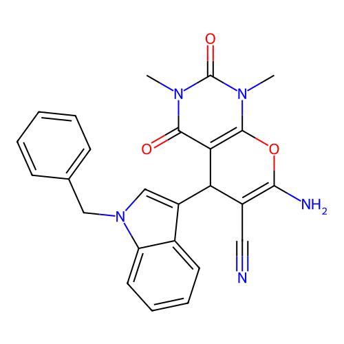 7-amino-5-(1-benzyl-1H-indol-3-yl)-1,3-dimethyl-2,4-dioxo-1,3,4,5-tetrahydro-2H-pyrano[2,3-d]pyrimidine-6-carbonitrile structure