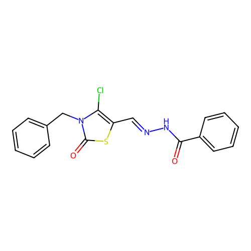 (E)-N'-((3-benzyl-4-chloro-2-oxo-2,3-dihydrothiazol-5-yl)methylene)benzohydrazide structure