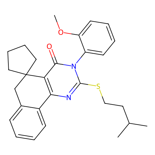 2-(isopentylthio)-3-(2-methoxyphenyl)-3H-spiro[benzo[h]quinazoline-5,1'-cyclopentan]-4(6H)-one structure