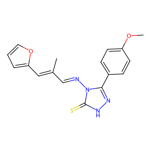 4-((E)-((E)-3-(furan-2-yl)-2-methylallylidene)amino)-5-(4-methoxyphenyl)-4H-1,2,4-triazole-3-thiol structure