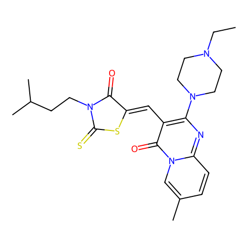 2-(4-ethylpiperazin-1-yl)-7-methyl-3-{(Z)-[3-(3-methylbutyl)-4-oxo-2-thioxo-1,3-thiazolidin-5-ylidene]methyl}-4H-pyrido[1,2-a]pyrimidin-4-one structure