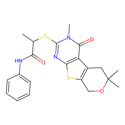 N-phenyl-2-[(3,6,6-trimethyl-4-oxo-3,5,6,8-tetrahydro-4H-pyrano[4',3':4,5]thieno[2,3-d]pyrimidin-2-yl)sulfanyl]propanamide structure