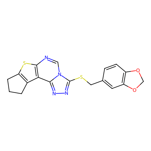 3-((benzo[d][1,3]dioxol-5-ylmethyl)thio)-9,10-dihydro-8H-cyclopenta[4,5]thieno[3,2-e][1,2,4]triazolo[4,3-c]pyrimidine structure