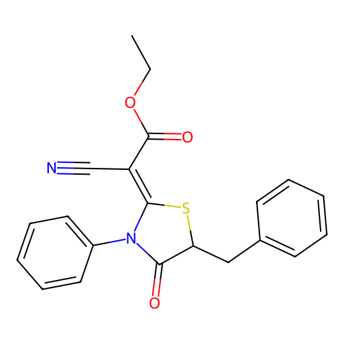 (Z)-ethyl 2-(5-benzyl-4-oxo-3-phenylthiazolidin-2-ylidene)-2-cyanoacetate structure